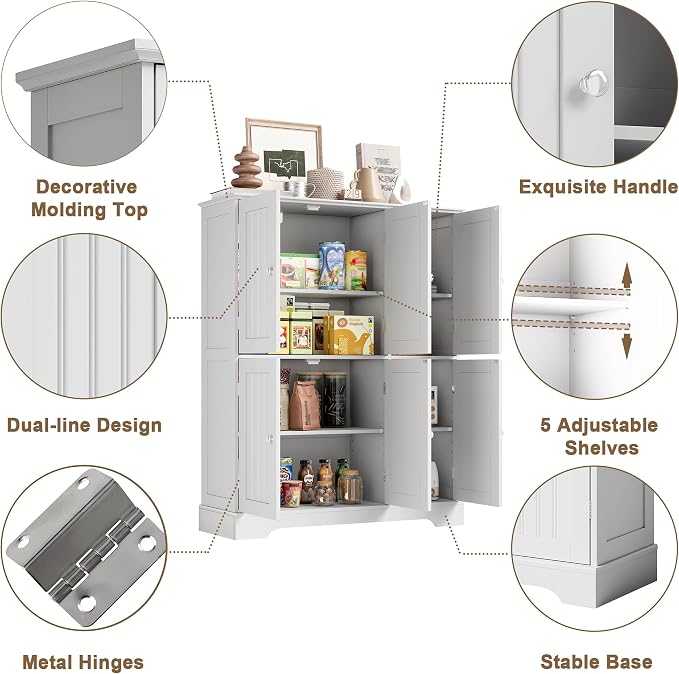 ChooChoo Bathroom Floor Cabinet with 6 Doors and Adjustable Shelves | Modern Bathroom Storage Cabinet, Freestanding Cupboard for Living Room, White