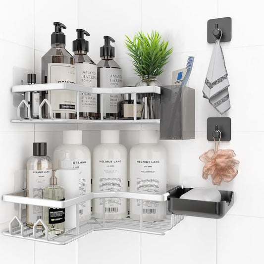 Adhesive Shower Caddy, 6 Pack Corner Bath Organizer, Rustproof Stainless Steel Shower Shelves with Large Capacity, No Drilling Shelves for Bathroom Storage, Home, Kitchen Décor (White).