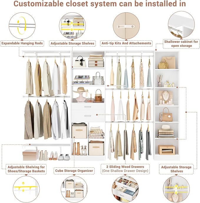 Besiost Closet System - 9.4FT/112" Closet Organizer System with Wooden Drawers,Closet Systems for Walk-In Closets with Hang Rods and Open Cabinet