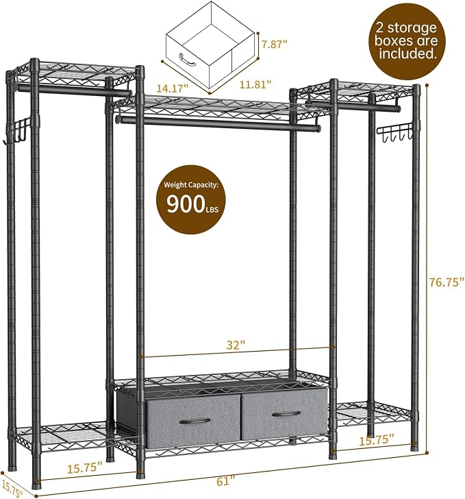 Golpart Heavy Duty Clothing Rack with Adjustable Shelves Clothes Wardrobe | Coat Rack Metal Closet Organizer and Storage Garment Rack for Hanging Clothes Wire Portable Cloth System Free Standing Black