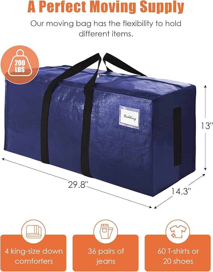 SWEET DOLPHIN 8 Pack 200LB Heavy-Duty Moving Bags with Wrap-Around Handles, Extra Large Storage Totes for Space Saving, Clothes Storage Bags, College Dorm Essentials, Blue, 24 Gal