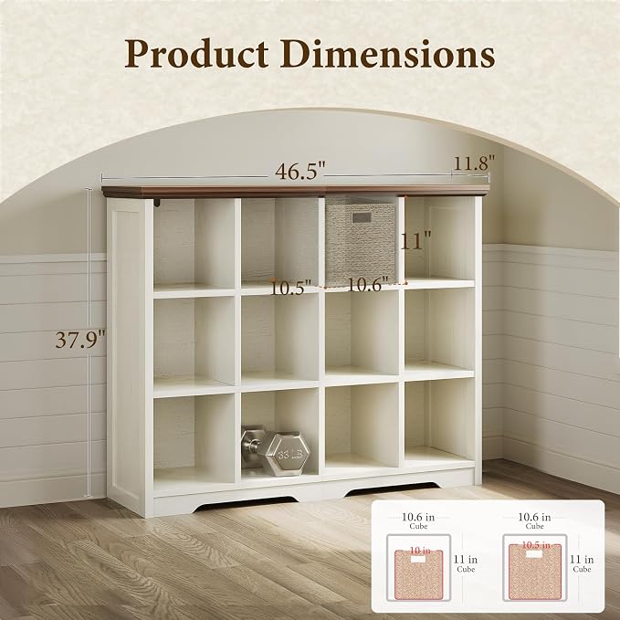 OffiGo 12 Cube Organizer Bookcase, Cube Shelf with Storage, Walnut + White | Modern Farmhouse Design, Open Cube Storage for Books & Decor, Display Shelf, Living Room, Bedroom, Home Office, Entryway