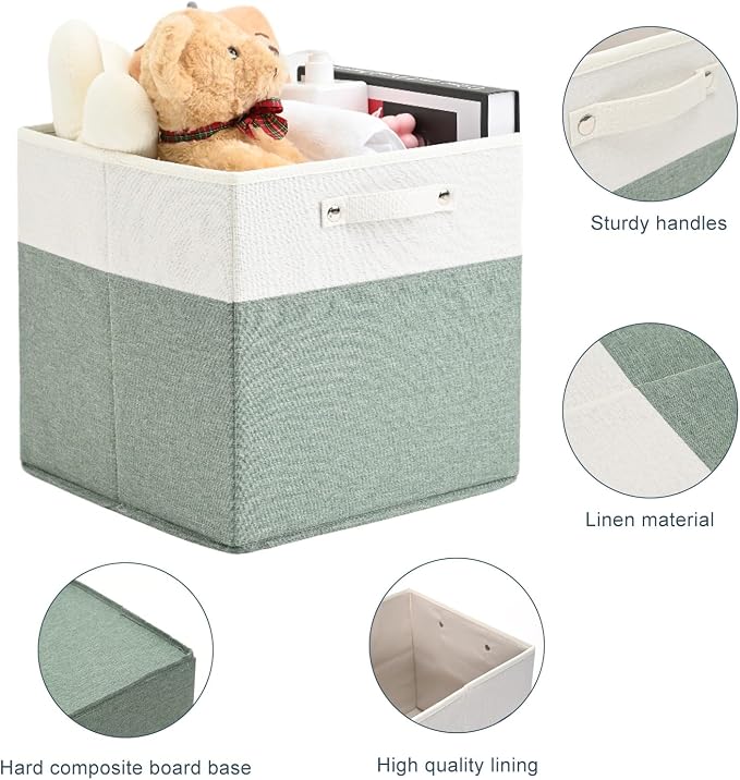 FinishingBo 13x13x13 Storage Cube Bins 4 Pack, Cube Shelf Baskets | Foldable Storage Cubes, Linen Storage Bins with Handles, Closet Organizers, White/Green