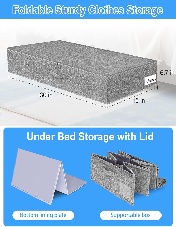 6.7-Inch Under Bed Storage Bin with Zipper Lid, Rigid Sides,2 Pack, Gray | Zipped Lid, Rigid Sides & Bottom, Large Clothes Organizer Box, Off-season Storage, Bedrooms, Closet Organization