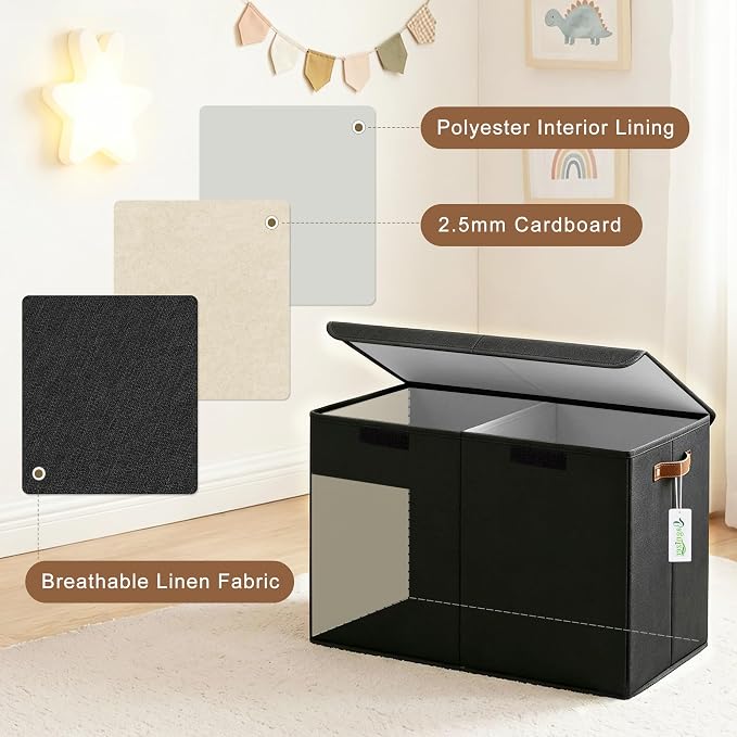 Bagnizer Large Toy Storage Box with Lids, Collapsible Sturdy Baby Storage Organizer Chest Bin Basket for Kids, Boys, Girls, Playroom, Nursery, Bedroom, Closet 25"x13"x16" (Black)