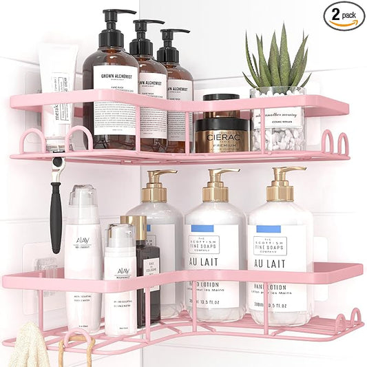 Sakugi Corner Shower Caddy - 2 Pack, Adhesive Shower Organizers, Rustproof Stainless Steel Shower Shelves with 8 Hooks, No Drilling Bathroom Organizers and Storage Racks, Space-Saving, Pink, Large