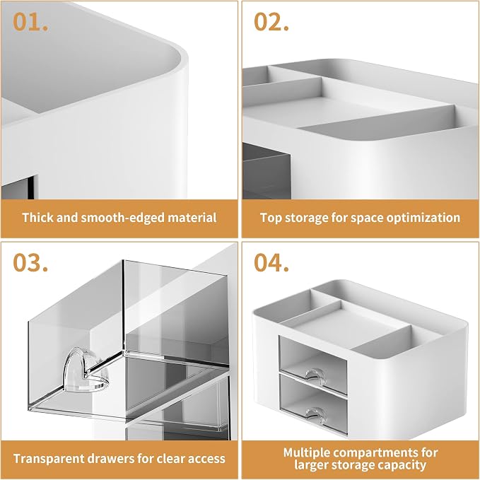 Marbrasse Pen Organizer with 2 Drawer, Multi-Functional Pencil Holder for Desk, Desk Organizers and Accessories with 5 Compartments + Drawer for Office Art Supplies (White)