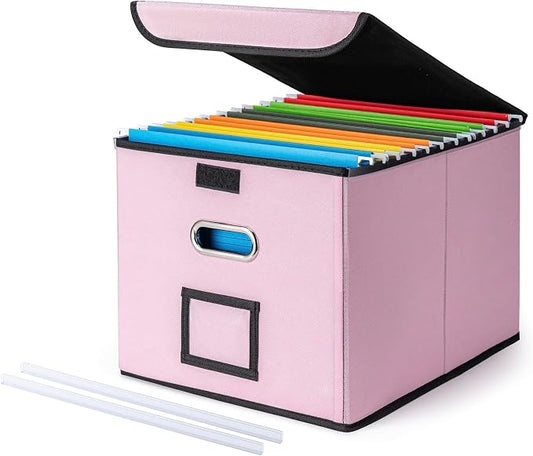CADONO File Organizer Box with Lid, Large Hanging File Folder Organizer with Plastic Slide, Collapsible Portable Filing Storage Boxes for Office/Decor/Home (Pink, 14.9 x 12.59 x 10.8 inch)
