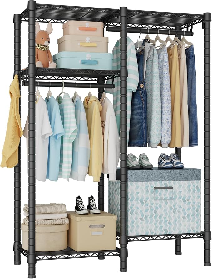 F1 Garment Rack for Kids, Baby, Students, and Children's Room, 4 Tiers Freestanding and Portable Heavy Duty Closets, Small Metal Clothes Rack with 2 Hanging Rod, 31.2" W x 11.8" D x 48" H, Black | Small Clothing Racks with 2 Hanger Rods for Hanging Bab...