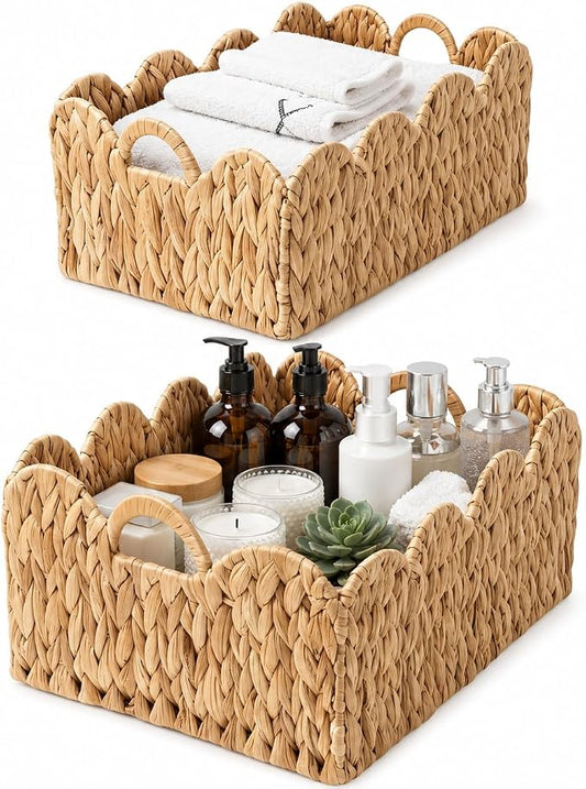Scalloped Edge Wicker Basket, Hand-woven Rattan Storage Baskets with Built-in Handles, Water Hyacinth Basket for Organizing and Decor, 2 Pack (15" L x 11" W x 7" H)