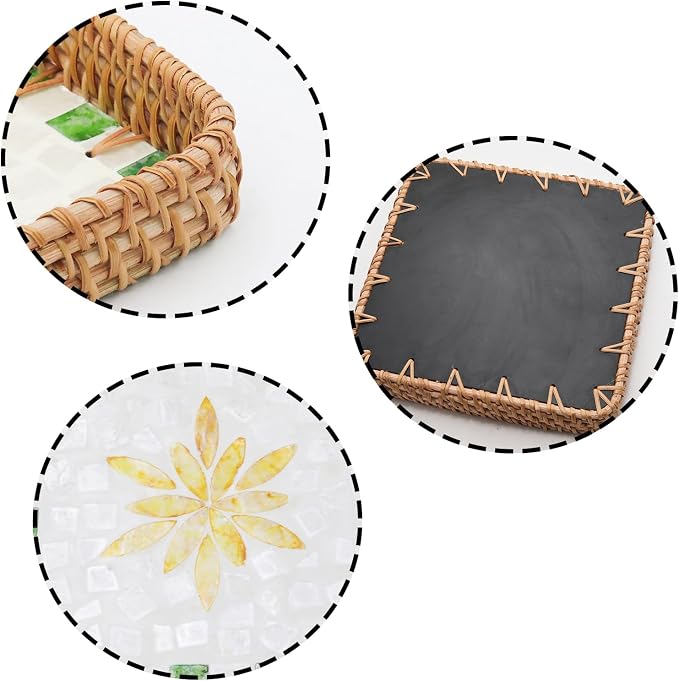 Square Rattan Decorative Tray with Mother of Pearl Inlay, 8.3" | Small 8.3 Inch Handwoven Wicker Tray with Mother of Pearl Base for Coffee Table Kitchen Bathroom Boho Farmhouse Decor Gift