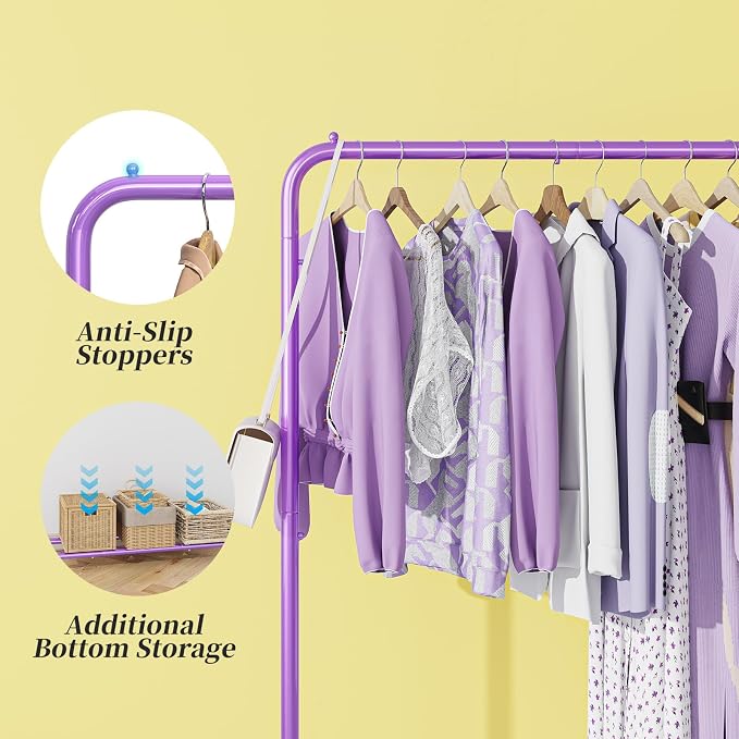 Simple Trending Standard Clothes Clothing Garment Rack with Storage Shelves, Rolling Clothes Organizer on Wheels for Hanging Clothes, Purple