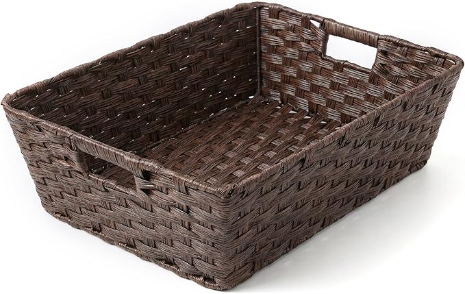 Large 2-Pack Plastic Wicker Storage Baskets, 17"x13"x5.5", Brown | onlytak woven bins for laundry, closet, living room, shelf organization, and even a cat bed – perfect home storage decor.