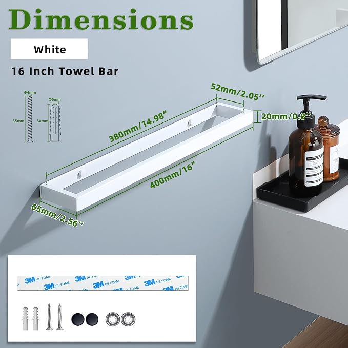 Alise White Hand Towel Holder Towel Bar for Bathroom Wall Mounted 16 Inch | Towel Rack for Bathroom Lavatory,SUS304 Stainless Steel Towel Rail for Bath Kitchen,Self-adhesive or Drilling Mount