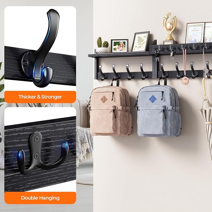 Evermagin 35" Coat Rack Wall Mount with Shelf for Entryway, Black | Wall Mounted Coat and Key Rack with Hooks, Key Holder with Mail Organizer for Wall, Living Room, Mudroom, Bedroom
