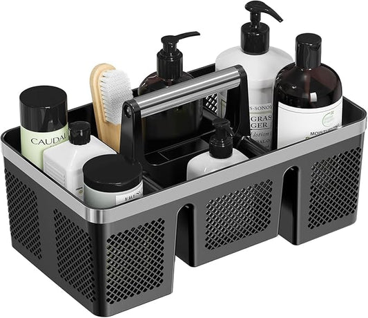BYUNER Plastic Shower Caddy Dorm: Portable Cleaning & Shower Caddy with Handle, 4 Divided Compartments, All-Side Drainage, Rigid Plastic Basket Tote for College Dorm & Bathroom Use, Black/Silver