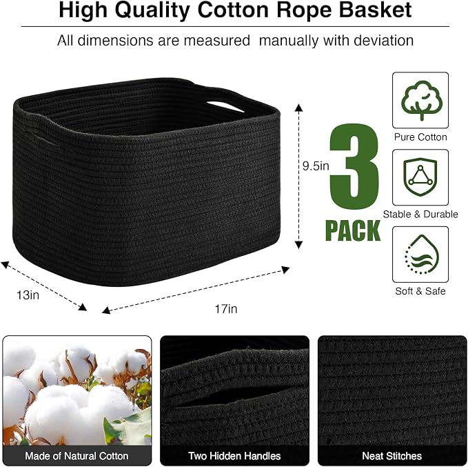 ICERZCZ Large Storage Baskets for Organizing Shelves, Woven Cotton Rope Bins for Baby Nursery Organization, Book Toy Towel Organizer, 17"x13"x9.5", 3 Packs, Black
