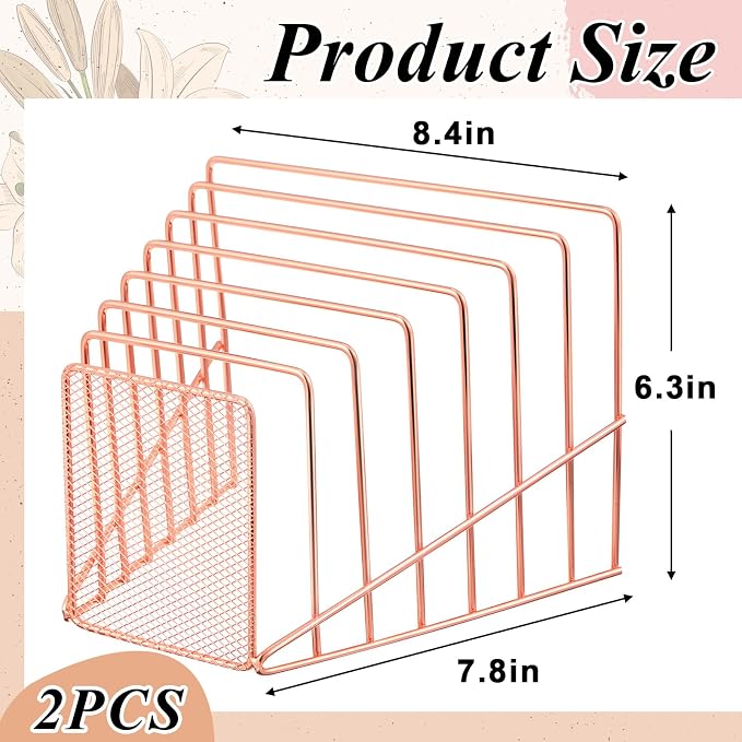 2 Pcs 7 Section Wire File Organizer for Desk, Metal Mesh Incline File Holder, Letter & Magazine Folder Rack, Desktop Paper Sorter for Home Office Back to School (Rose Gold)