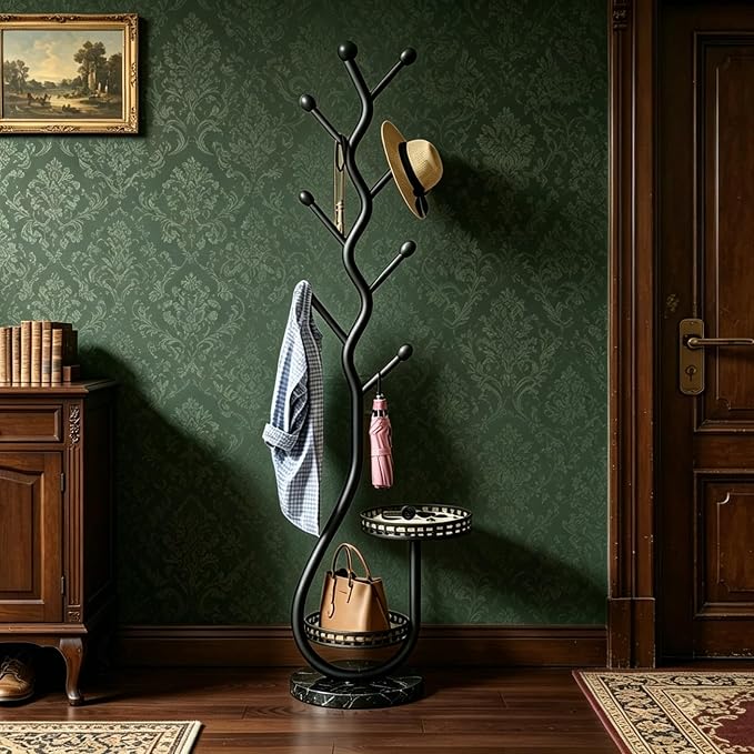 Metal Standing Coat Rack, Small Space Coat Rack Freestanding Hanger Coat Stand with Natural Metal Base & 8 Hooks, Tree-Shaped Coat Rack for Entryway, Hallway, Bedroom, can Hang Clothes, Hats (Black)