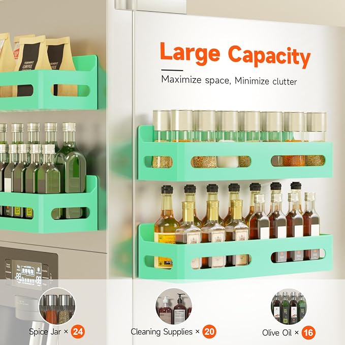 Sevenblue 4-Pack Magnetic Spice Rack for Refrigerator with Hooks, Green | Strong multipurpose magnetic shelf for kitchen & bathroom organization. Includes 4 removable hooks for hanging items.