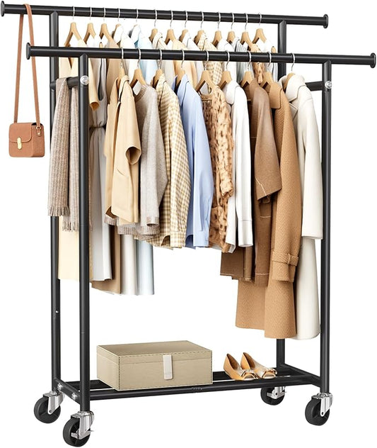 HYSEYY Clothes Rack, Double Rods Rolling Clothing Rack for Hanging Clothes, Portable Garment Rack with Wheels, Coat Rack Wardrobe Closet Load 240 LBS for Bedroom Laundry Room (Black, L)
