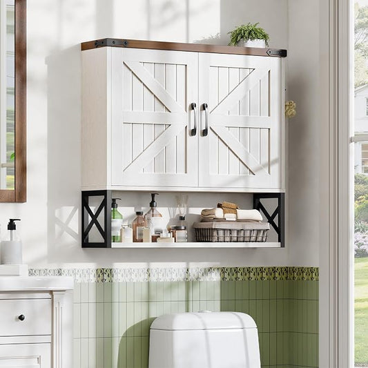 Vabches Bathroom Wall Cabinet, Farmhouse Medicine Cabinet, Rustic White | Vintage Storage Cabinet Wall Mounted with Double Barn Doors and Iron Shelf for Bathroom, Kitchen, Rustic White and Brown