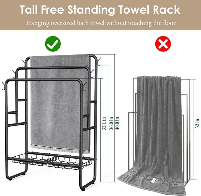 Kayfia 40'' Freestanding 3 Tier Metal Towel Rack, 2 Baskets & 6 Hooks | Dual-Use Drying & Display Rack, Holds Oversized Bath Towels & Blankets, fits Indoor, Bathroom, Bedroom & Outdoor, Black