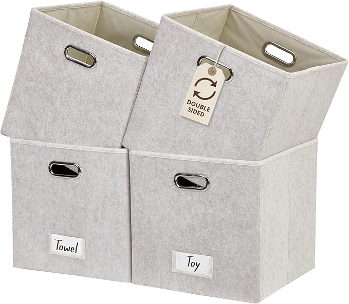 DECOMOMO Felt Storage Bins, 13 inch Cube Storage Bin with Labels | 4 Pack Storage Baskets for Shelves, Kallax (Beige)