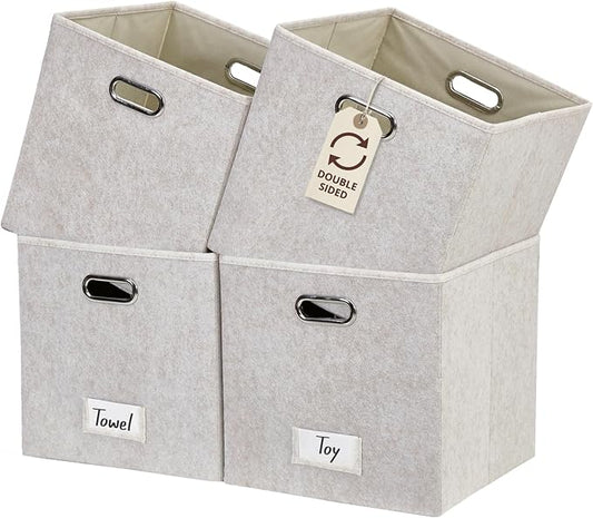 DECOMOMO Felt Storage Bins, 13 inch Cube Storage Bin with Labels | 4 Pack Storage Baskets for Shelves, Kallax (Beige)