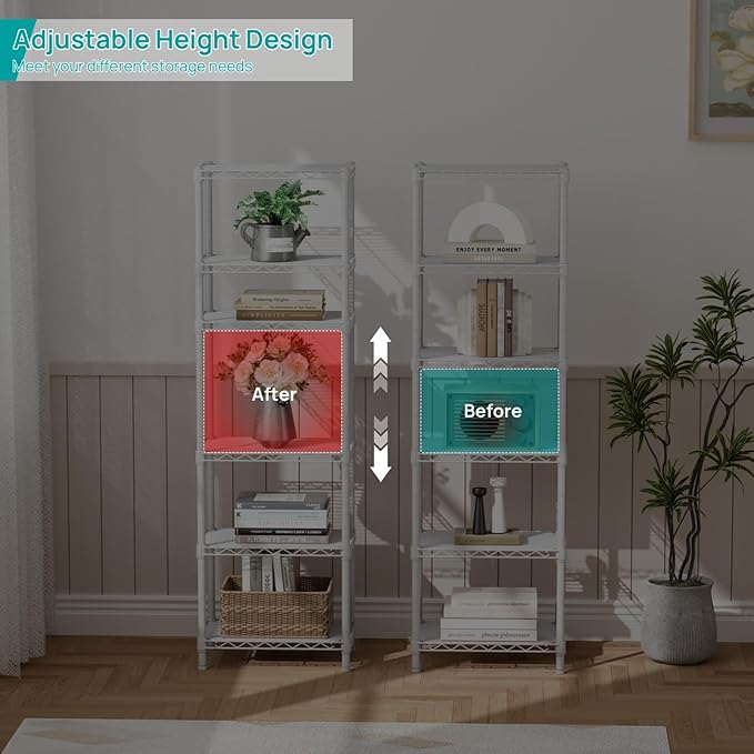 SINGAYE Metal Shelves Wire Shelving Storage Standing Adjustable Shelf Unit | 6 Tier Mesh Units Shelf for Kitchen Laundry Bathroom Closet Organizers Pantry Narrow Home Rack 10" D x 16" W x 63" H White