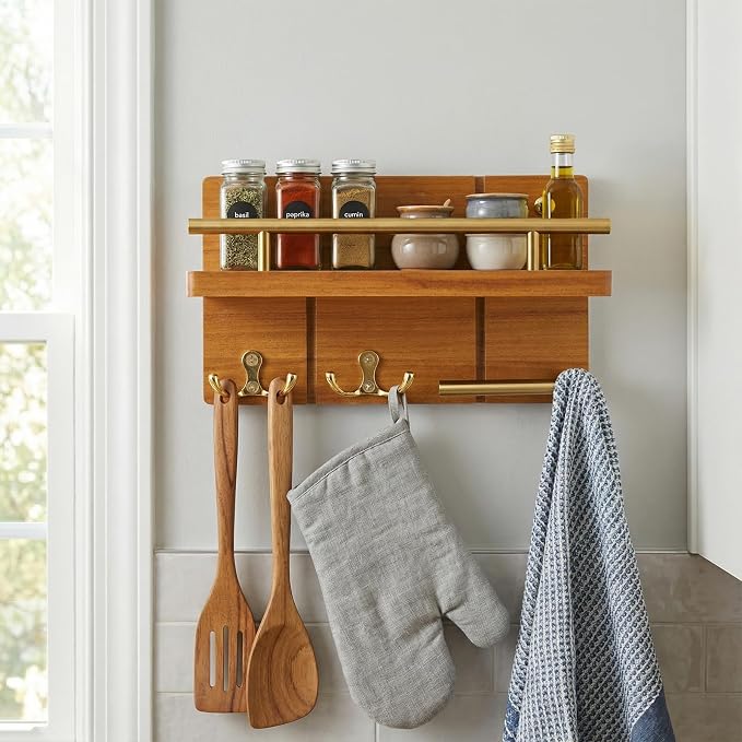 9.8” Solid Teak Wood Key Holder Wall Mount with Shelf and Hooks | Crafted from natural solid teak wood with unique grain patterns, bringing warmth and elegance to your entryway