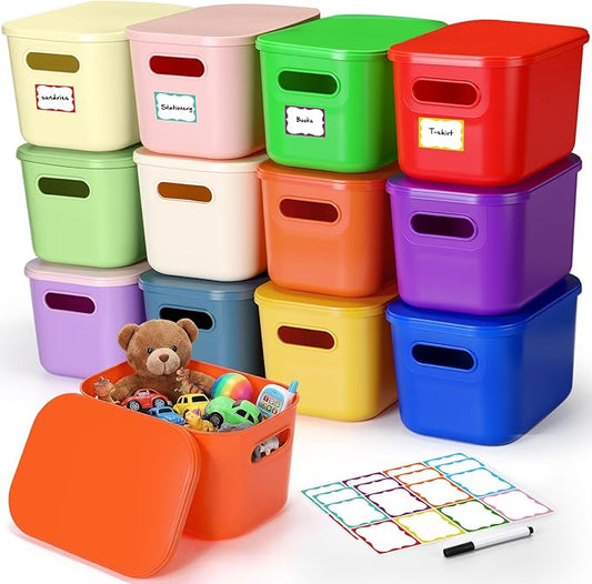 Thyle 12 Pack Richly Colorful Plastic Storage Bins with Lids 7 Quart Toy Storage Box Stackable Nestable Organizer Boxes with Handle and Labels for Classroom Shelf Bedroom Desktop Toys School Supplies