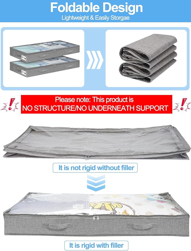 punemi 5 inch High Soft Fabric Low Profile Under Bed Storage, 2 Pack, Grey | Thin Clothes Storage Containers with 3 Handles & Clear Lid, Ideal for Bedding & Blankets, Fits Under Cribs, Sofas & Dorm Beds