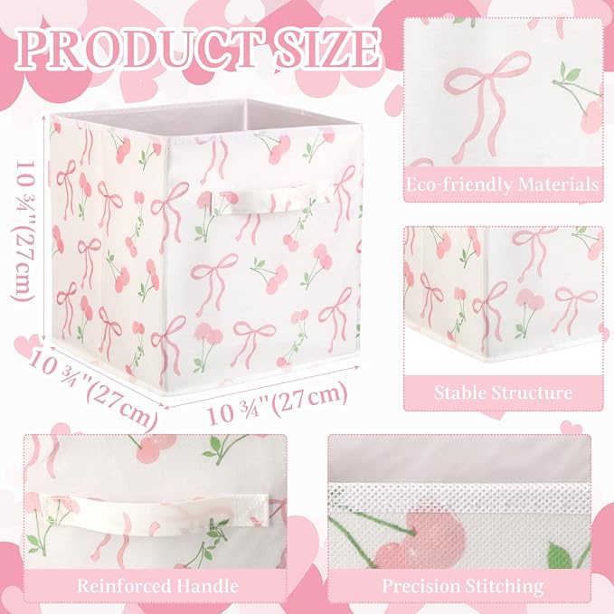 6 Pcs Pink Bow Cherry Cube Storage Bins 11 Inch Storage Basket with Handle, Preppy Girls Organizer Basket, Collapsible Fabric Box for Classroom Bedrooms Office Home Decoration Gift