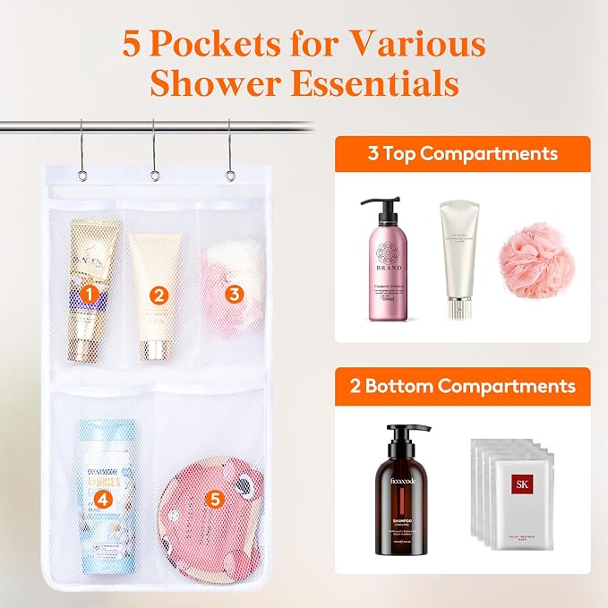 Lifewit Mesh Shower Caddy, 5 Pockets Hanging Shower Organizer with Quick Drying Mesh, Portable Space Saving Bathroom Organizer to Hold Soap, Shampoo and Cruise Ship Essentials, White, 1 Pack