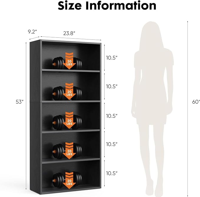 HealSmart 5 Tier Bookcase, Industrial 5 Book Shelf, 9.2" D x 23.8" W x 53" H Tall Open Cube Storage Organizer for Home Office, Living Room, Bedroom and Dinning Room, Black