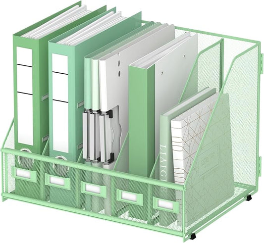DALTACK 5-Slot Magazine File Holder, Metal Binder Holder, Mint Green | Iron Mesh Construction, Labeled Sections for Easy Sorting, Anti-Slip Feet, Binder and Folder Storage for Office, Classroom