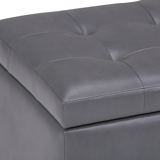 SIMPLIHOME Cosmopolitan 34" Wide Vegan Leather Storage Ottoman in Brown | Stone grey, transitional storage ottoman with tufting and lift-up lid; rectangle storage bench for living room or entryway.