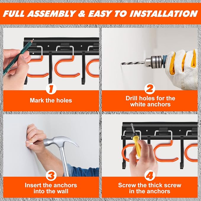 TVKB 34'' All Metal Garden Tool Organizer Wall Mount Garage Organizers and Storage with Hooks Tool Hangers for Shed