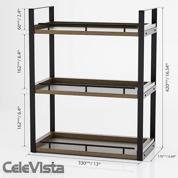 Bathroom Counter Organizer, 3 Tier Wood Countertop Shelf | for Vanity, Skincare, Makeup, Coffee Storage, Wood Shelves, Durable Metal Bracket, for Bathroom Sink, Kitchen (Deep Brown)