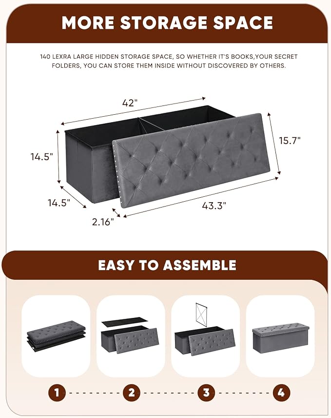 B FSOBEIIALEO Storage Ottoman Bench, Folding Tufted Ottomans with Storage, Extra Large 140L Storage Boxes Footrest Bench for Bedroom, Luxury Velvet Fabric 43 Inches Grey