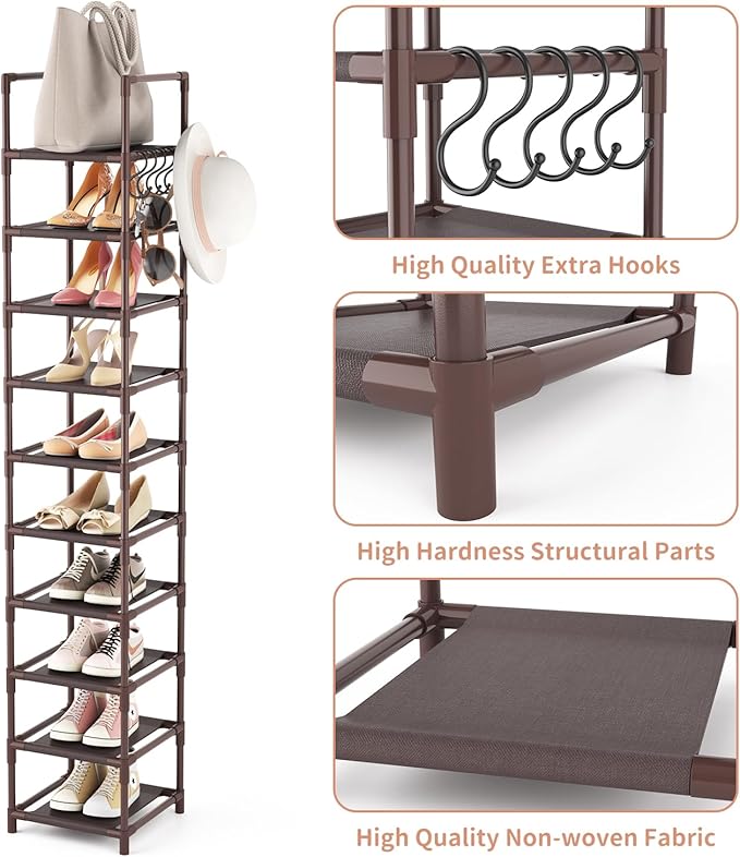 LANTEFUL Tall Shoe Rack 10-Tier Narrow Shoe Shelf Storage for 10-15 Pairs Shoe and Boot, Sturdy Shoe Storage Space Saving Corner Shoe Rack Organizer for Closet, Entryway, Living Room, Brown