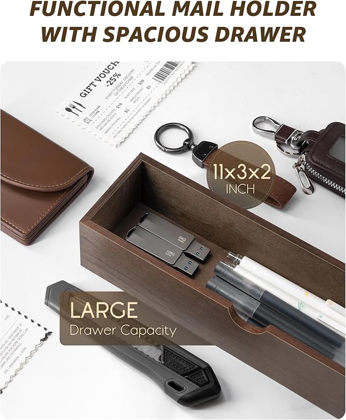 Rebee Vision Mail Organizer Wall Mount with Hooks for Entryway, Retro Brown | Key and Mail Holder for Wall, Storage Drawer, 7 Key Hooks, Mail Organizer, Rustic Home Decor, Office and Garage Organization