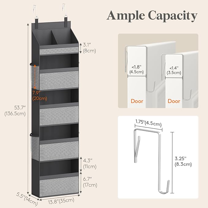 Lifewit 5 Tier Over the Door Diaper Organizer for Nursery, Large Heavy Duty Hanging Storage with 4 Mesh Side Pockets, Sturdy Back of Door Shelf for Baby Stuff Toy in Pantry, Laundry, Bathroom, Gray