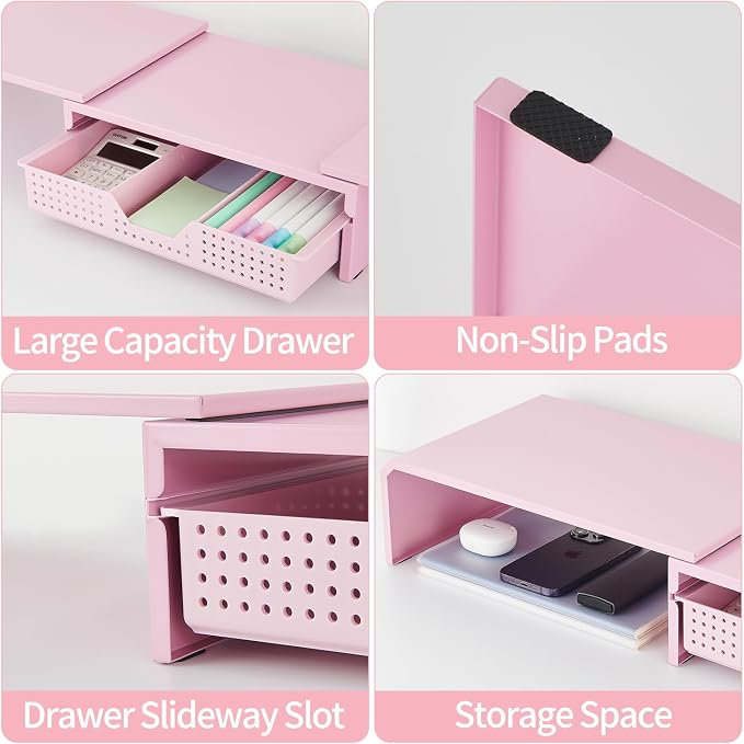 LEKETREE Dual Monitor Stand Riser with Drawer, Desk Organizer and Accessories, Pink Monitor Stand for Desk, Desktop Stand for Computer, Laptop, TV and More (Pink)