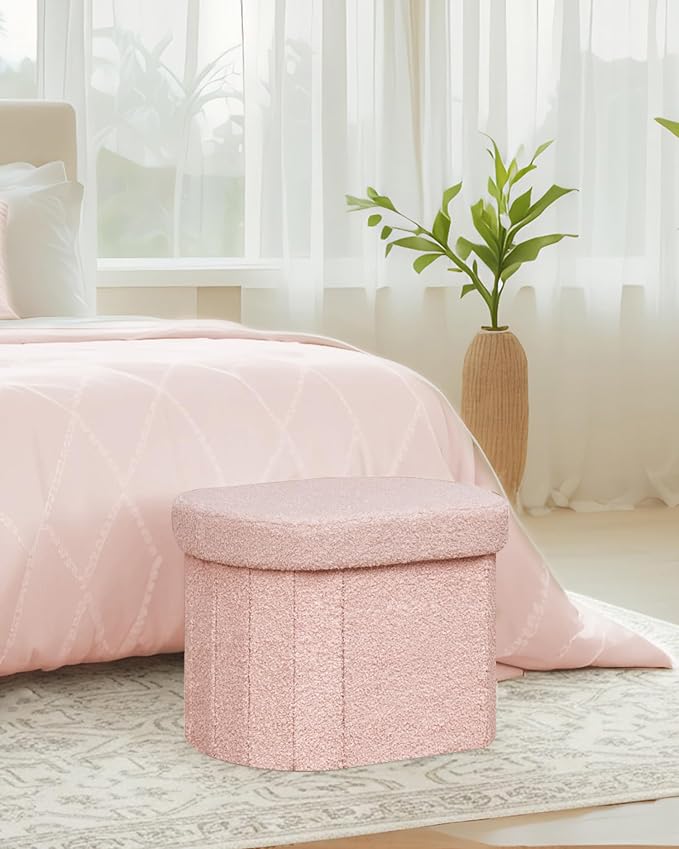 B FSOBEIIALEO Storage Ottoman for Dorm Room, Boucle Folding Storage Ottoman Foot Rest, 16.14 Inches Small Collapsible Ottoman Cube for Living Room Pink