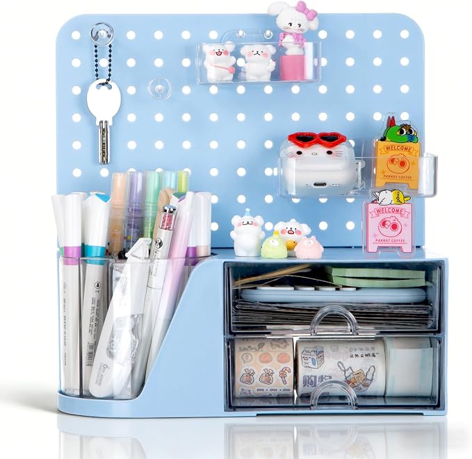 Comix Desk Organizer with 2 Drawer, Blue 360° Rotating Pen Holder for Desk | Desk Organizers and Accessories with 5 Slots Pencil Holder+Pegboard+Drawer, Pen Organizer for Home School Art Office Supplies