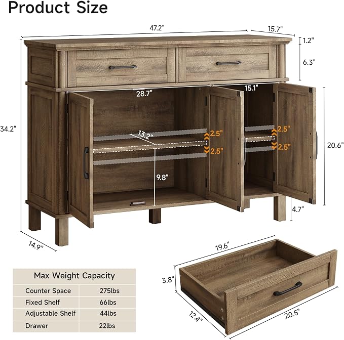 48 Inch Buffet Cabinet with Storage, Farmhouse Sideboard Buffet w/2 Drawers and 3 Doors, Coffee Bar Cabinet with Adjustable Shelves, Sideboard Storage for Kitchen, Living Room, Washed Grey