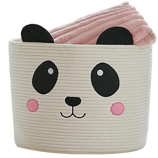 VK VK·LIVING Panda Storage Basket for Gift Foldable Cute Nursery Animal Toy Basket with Handles, Large Cotton Rope Baby Laundry Storage Organizer for Blankets Towels in Living Room Bedroom 15"D x 14"H