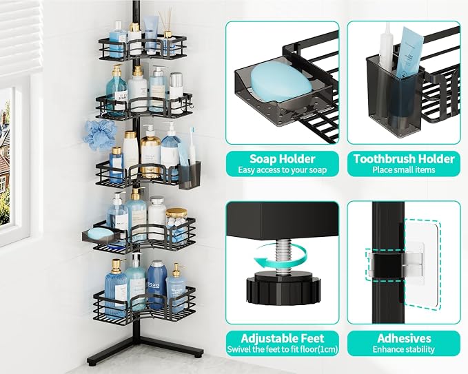 HapiRm Corner Shower Caddy Stand - 5-Tier Adjustable Shower Shelves, Black | Rustproof Stainless Steel, 4 Hooks, Soap and Toothbrush Holders, Large Capacity Shower Organizer for Tall Bottles, No-drill